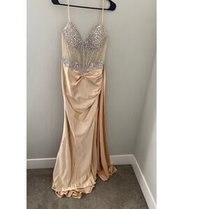 Champagne Rhinestone Corset Prom Dress Lace Up Back Satin Formal Gown Size 12